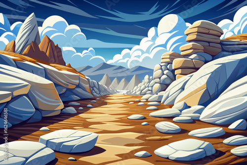 Surreal landscape with road and vibrant white rocks and fluffy clouds, creating a dreamlike environment