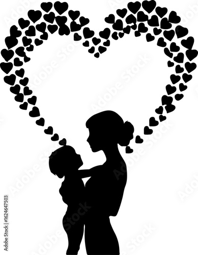 Beautiful silhouette of a mother holding her baby, with a heart shape formed by tiny hearts, symbolizing unconditional love and maternal bond. 