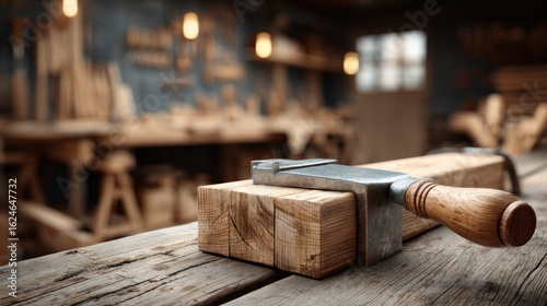 Wooden plank clamped on workbench in a craftsman's workshop