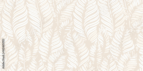 Soft beige background with a repeating pattern of delicate white palm leaves and tropical foliage