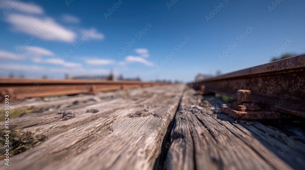 Rusty railway tracks on weathered wooden planks Rusty railway tracks on weathered wooden planks
