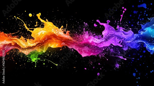 Colorful Paint Splashes on Black, Liquid Explosion Dynamic Curves Creative Design Element Background
