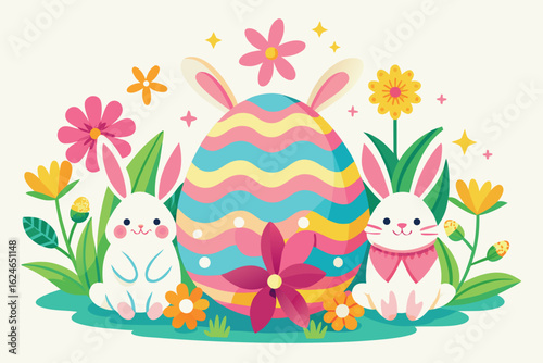 Two cute easter bunnies sit beside a decorated egg surrounded by flowers isolated on white background