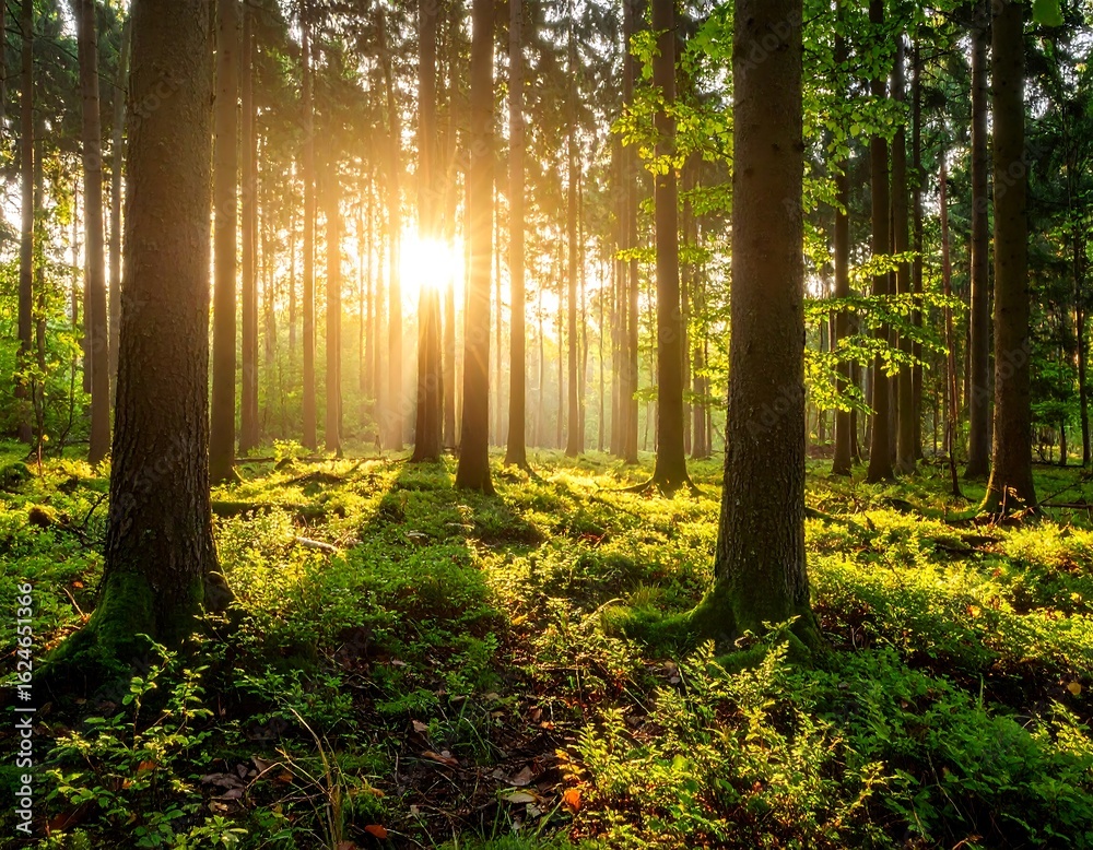 Obraz premium Sunbeams in a lush forest at sunrise