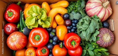 Fototapeta Naklejka Na Ścianę i Meble -  Colorful fruits and vegetables neatly arranged in a cardboard box,  fresh,  vitamin c
