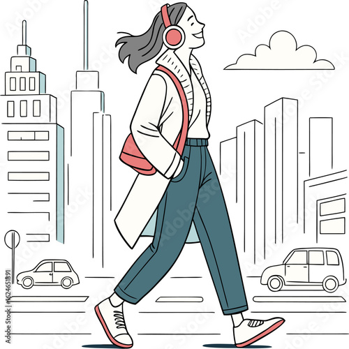 A woman strolling with headphones and relaxed smile