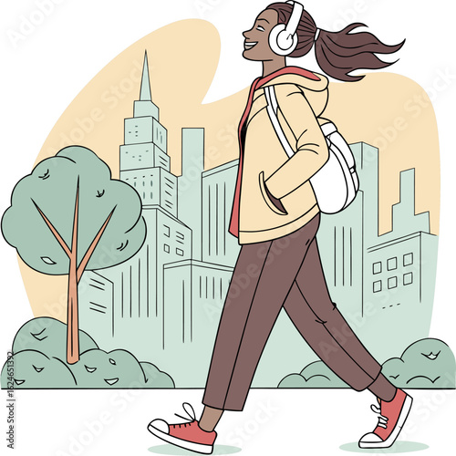 A woman strolling with headphones and relaxed smile