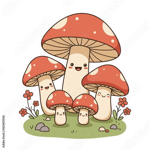Cute mushrooms with smiling faces in a colorful forest setting on transparent background   