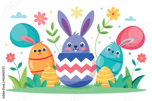 A whimsical easter scene featuring a bunny in an egg surrounded by colorful eggs and flowers