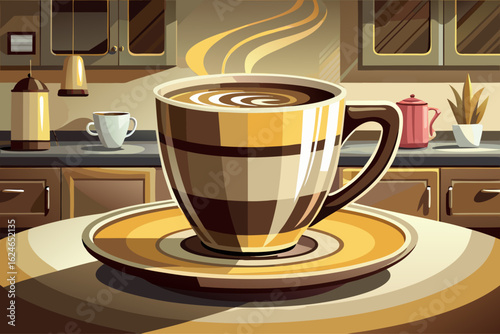 vector of A stylish and elegant coffee cup in mocha mousse and cream colors, with a glossy finish and subtle gold accents, in a modern kitchen...
