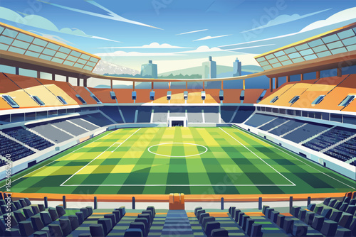 Empty red stadium seats under a blue sky, overlooking a city skyline with a bridge and road leading to the arena