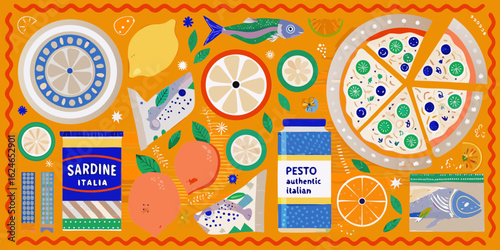 Vibrant italian food collage featuring pizza sardines pesto lemons and oranges on orange background