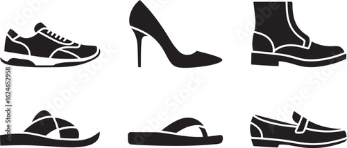Diverse Footwear Collection Black Silhouette Vector Illustration on Transparent Background