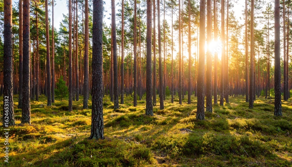 Naklejka premium Sunbeams through a pine forest at sunset