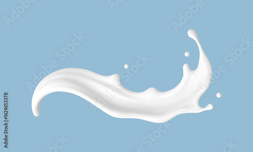 Realistic milk splash wave on blue background. Vector dairy or cosmetic concept
