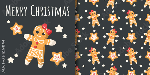 Christmas holiday banner and seamless pattern of gingerbread with red ribbons, star cookies and small white stars on black background.