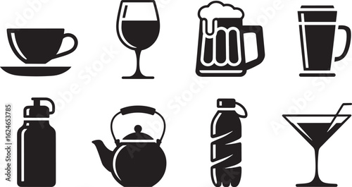 Drink Beverage Glass Cup Silhouette Set Coffee Tea Water Alcohol Vector Illustration