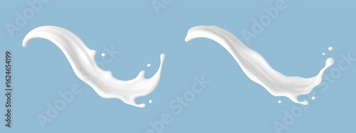 Realistic milk splash waves on blue background. Vector dairy or cosmetic concept