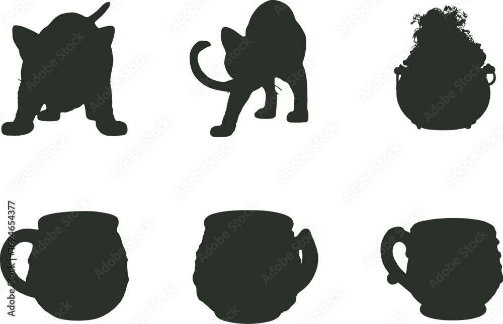 Naklejka premium Collection of cat and mug silhouettes on a white background