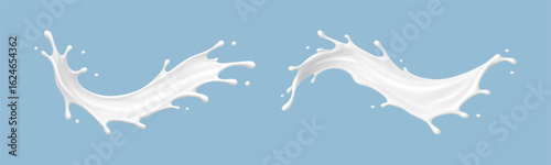 Realistic milk splash waves on blue background. Vector dairy or cosmetic concept