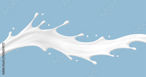 Realistic milk splash wave on blue background. Vector dairy or cosmetic concept