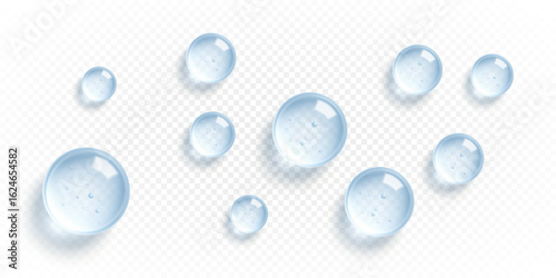 Transparent cosmetic serum drops. Clear gel droplets. Moisturizing cosmetic product. Hyaluronic acid concept. Vector illustration