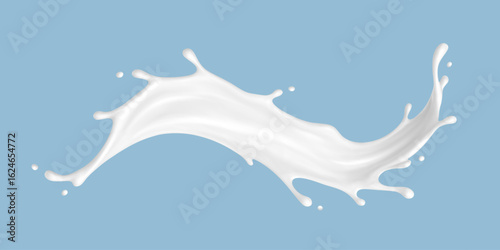 Realistic milk splash wave on blue background. Vector dairy or cosmetic concept