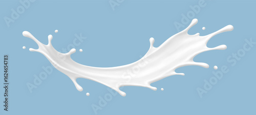 Realistic milk splash wave on blue background. Vector dairy or cosmetic concept