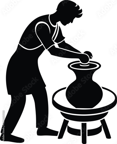 potter shaping clay on the wheel vector art illustration