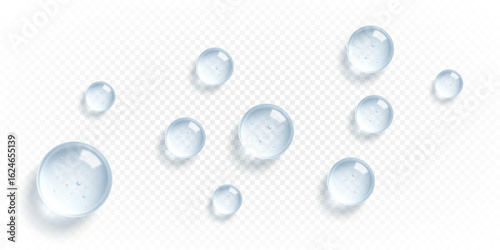 Transparent cosmetic serum drops. Clear gel droplets. Moisturizing cosmetic product. Hyaluronic acid. Vector illustration