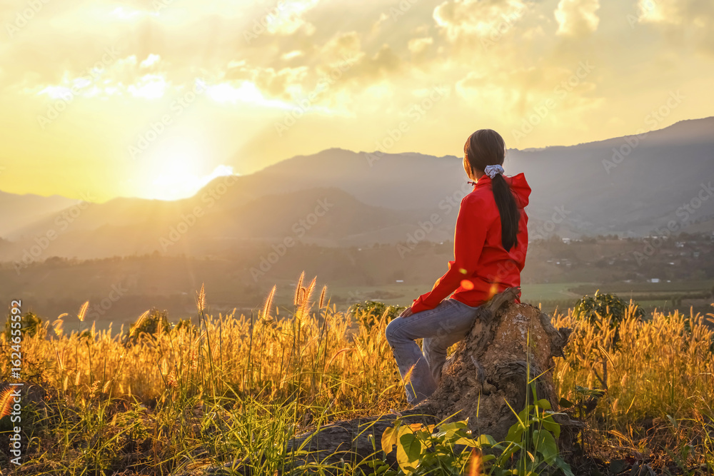 Fototapeta premium Cheerful young girl sitting on the field at sunset
