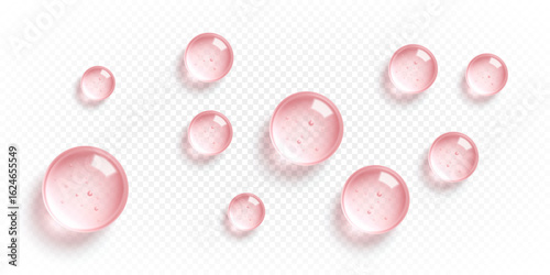 Transparent cosmetic serum drops. Clear gel droplets. Moisturizing cosmetic product. Hyaluronic acid. Vector illustration