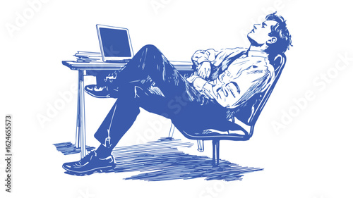 Professional Vector Drawing of a Man Sleeping at Work