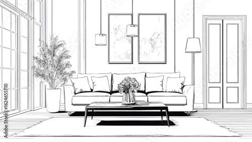 Modern Minimalist Living Room Interior Vector Drawing with Sofa