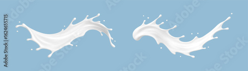 Realistic milk splash waves on blue background. Vector dairy or cosmetic concept