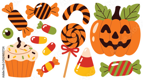 cute Halloween candy and treats set with pumpkin, lollipops, cupcakes, wrapped candies, and candy corn vector
