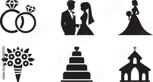 Elegant Nuptial Elements Vector Set Rings Couple Bride Bouquet Cake Church Silhouette