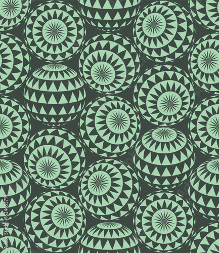 Triangles halftone patterned 3d balls in different positions psychedelic art style seamless vector sage green abstract background. Acid trip crazy loopable wallpaper. Mesmerising graphical abstraction