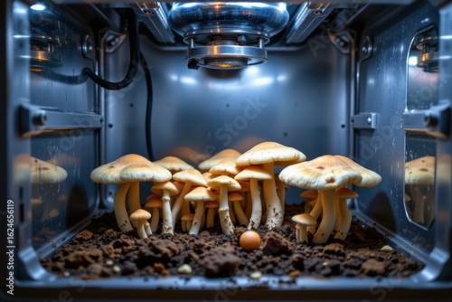 a temperature controlled chamber showing mushrooms growing rapidly at specific heat levels