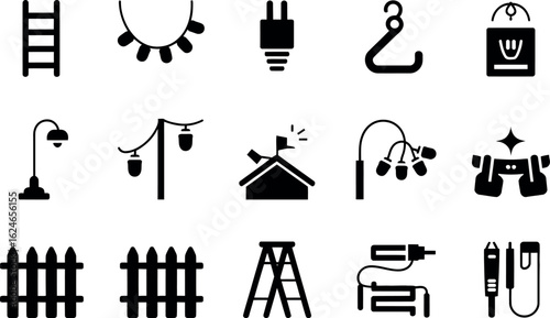 Simple Black Icons:  Electrical,  Construction, and  Fencing Symbols