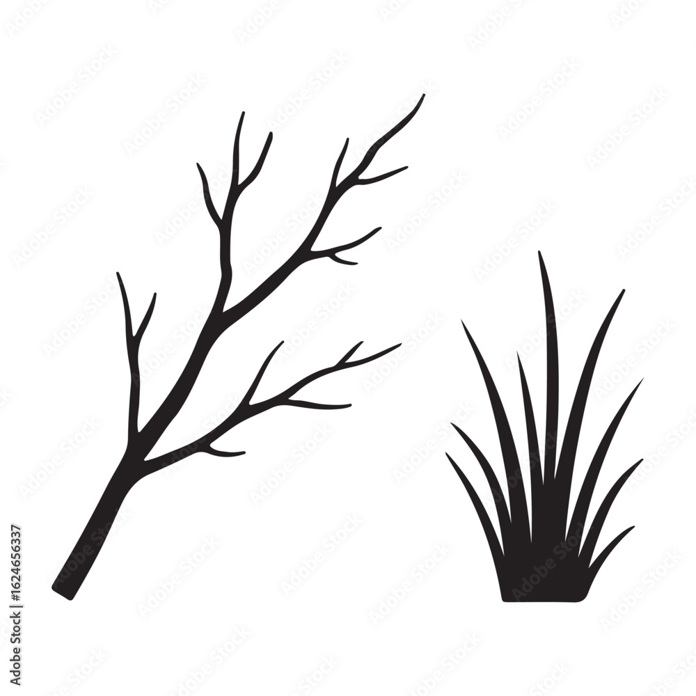 Fototapeta premium Simple Black Silhouette: Branch and Grass, Minimalist Nature Design, Vector Illustration