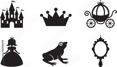 Enchanting Princess Elements Vector Set Castle Crown Carriage Princess Frog Mirror Silhouette