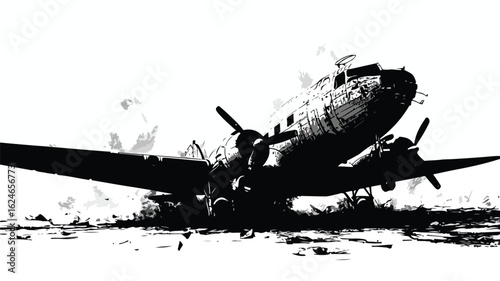 Detailed Vector Silhouette Illustration of a Plane Crash Incident