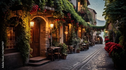 A picturesque European alleyway at dusk, filled with charming buildings and vibrant flowers.