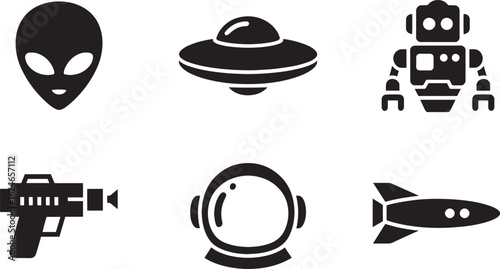 Extraterrestrial Encounter Icons Set Alien Spaceship Robot Raygun Astronaut Helmet Rocket Silhouette Design