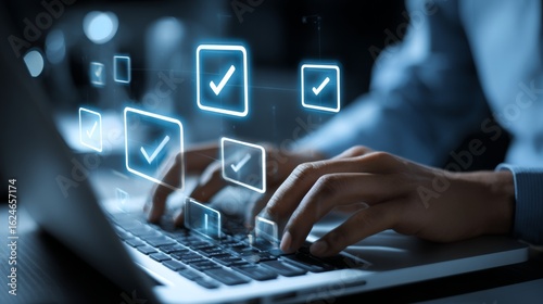 Professional typing on laptop with floating blue checkmark icons representing task completion