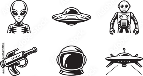 Extraterrestrial and Space Exploration Icons Set Alien Spaceship Robot Raygun Helmet UFO Black Silhouette