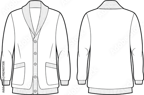 Flat vector fashion illustration of men’s shawl collar cardigan with buttons, front pockets, ribbed cuffs, casual knitwear, front back views