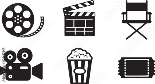 Film Reel, Clapperboard, Director's Chair, Camera, Popcorn, and Ticket Icons for Film Industry