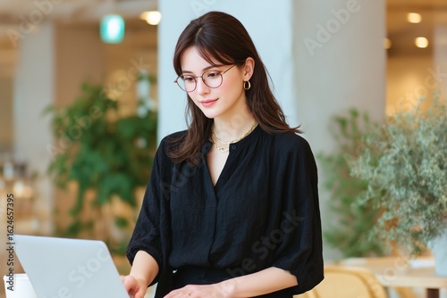 明るいカフェでノートパソコンを使用して仕事をする若い女性